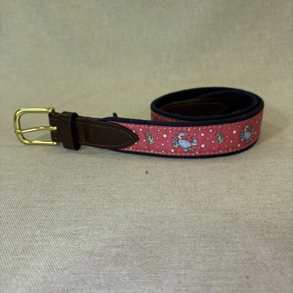Vineyard Vines Belt Boys Size 26Pink Whale Print Webbed Leather Brass Preppy